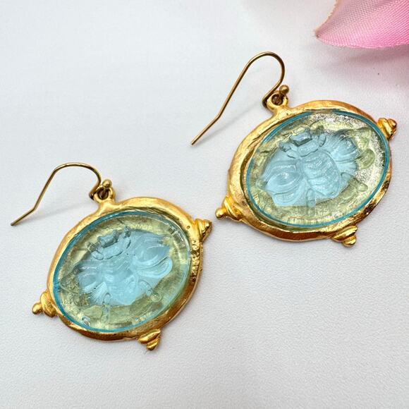 Susan Shaw Venetian Glass Bee Earrings In Aqua 24K Gold Plated Etruscan Style - Picture 1 of 13